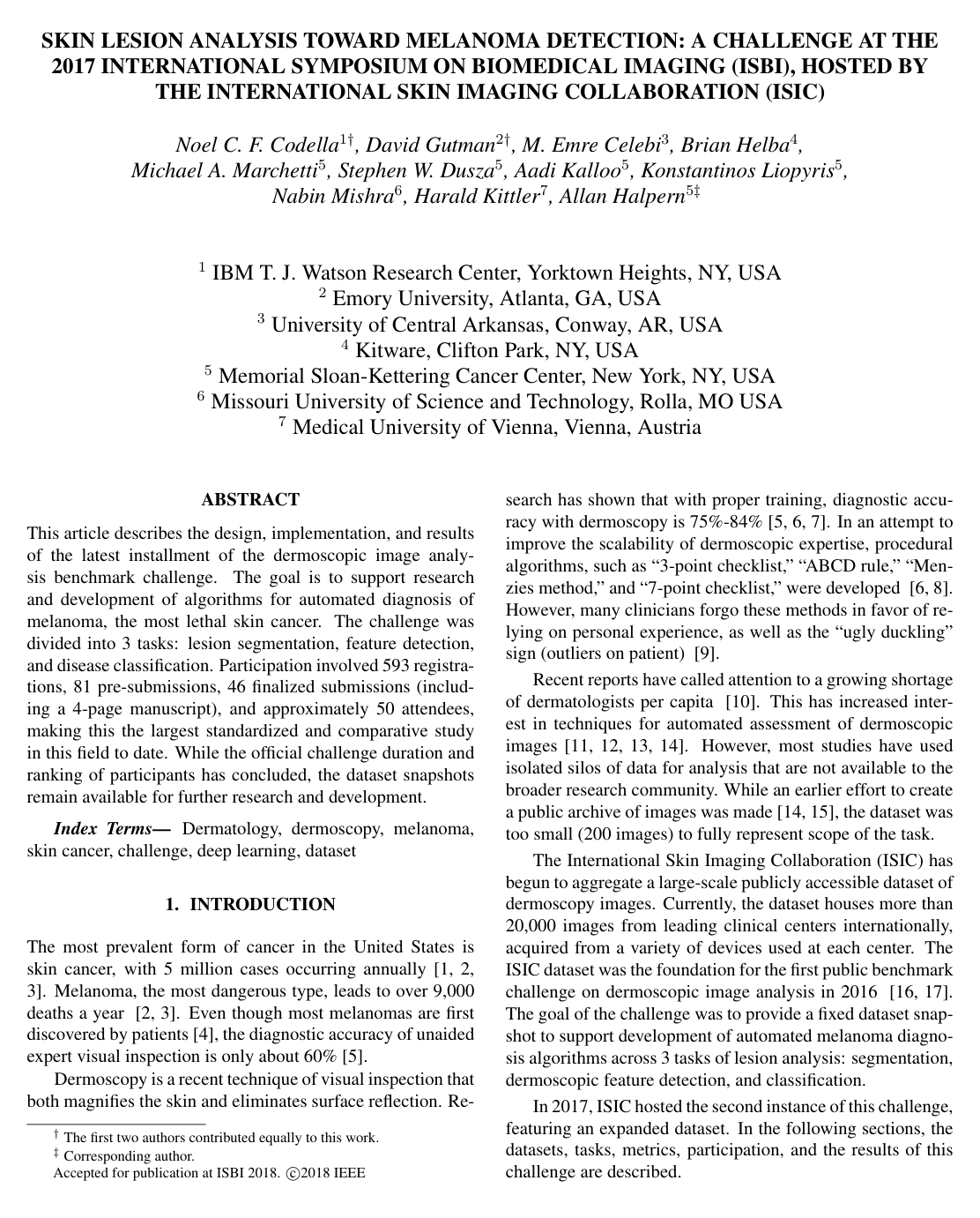 Cover for Skin lesion analysis toward melanoma detection: A challenge at the 2017 International symposium on biomedical imaging (ISBI), hosted by the international skin imaging collaboration (ISIC)