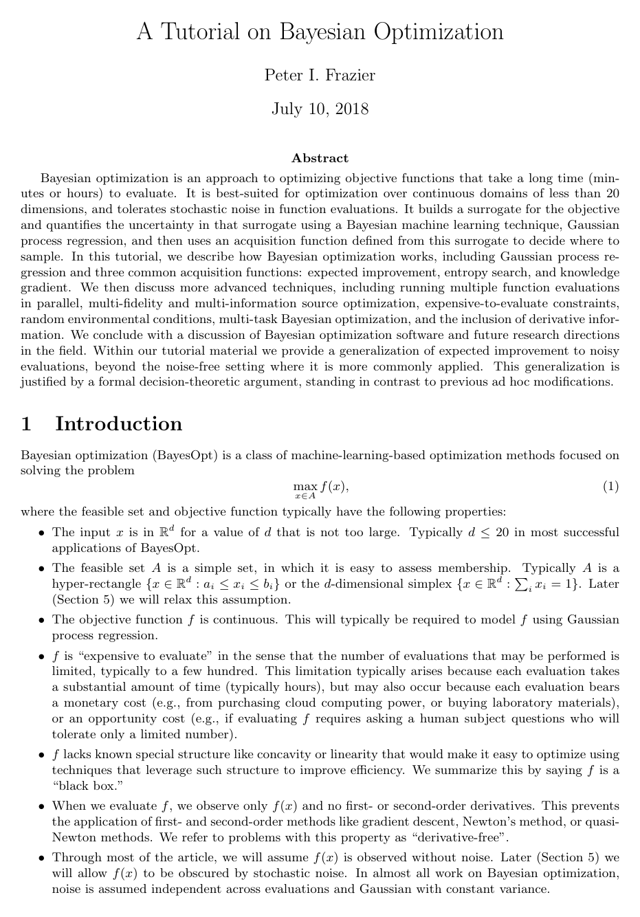 Cover for A Tutorial on Bayesian Optimization