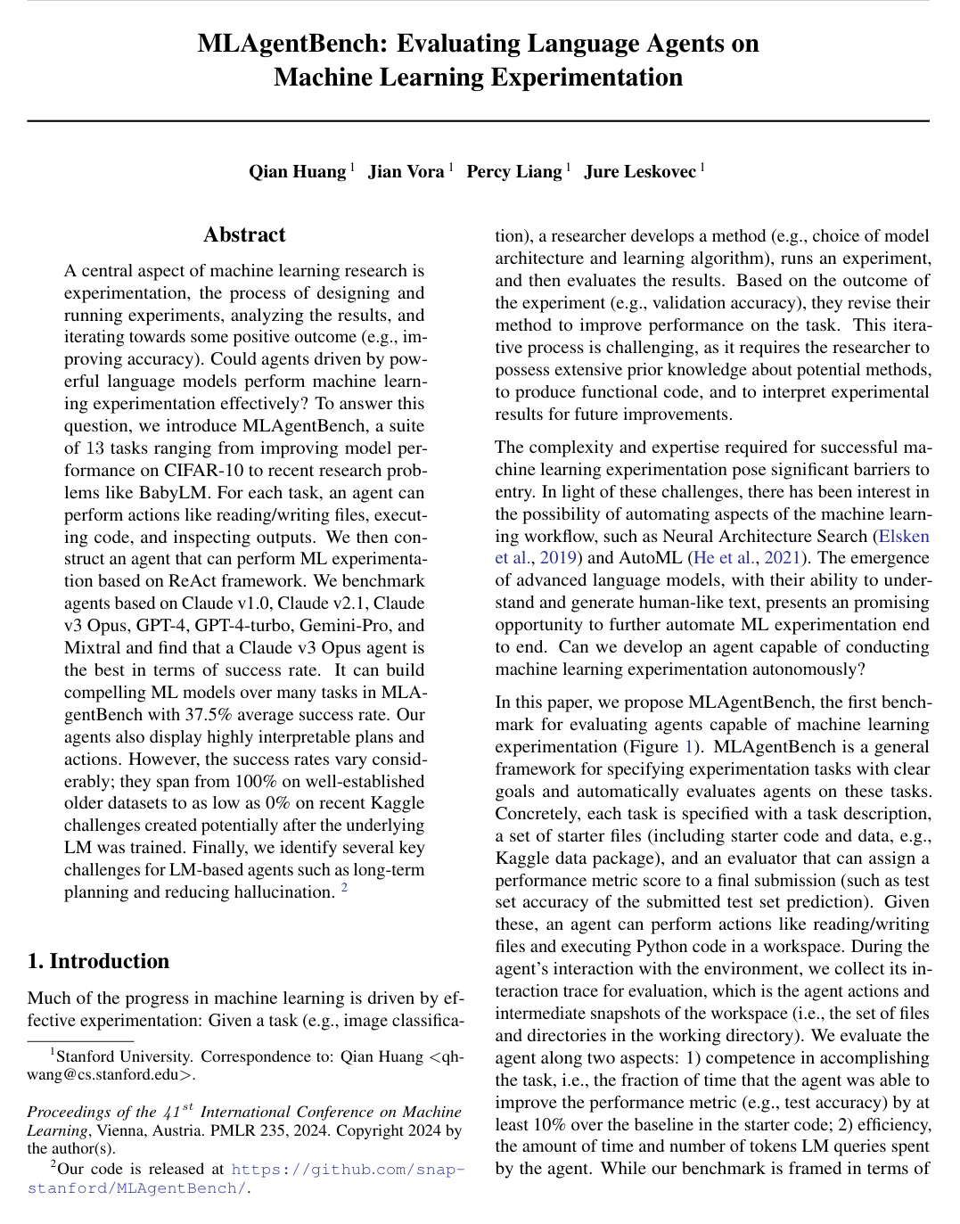 Cover for MLAgentBench: Evaluating Language Agents on Machine Learning Experimentation
