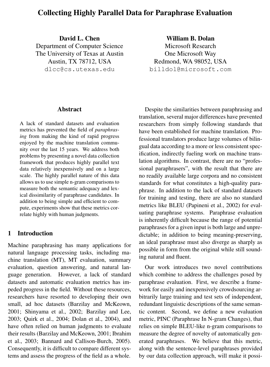 Collecting Highly Parallel Data for Paraphrase Evaluation