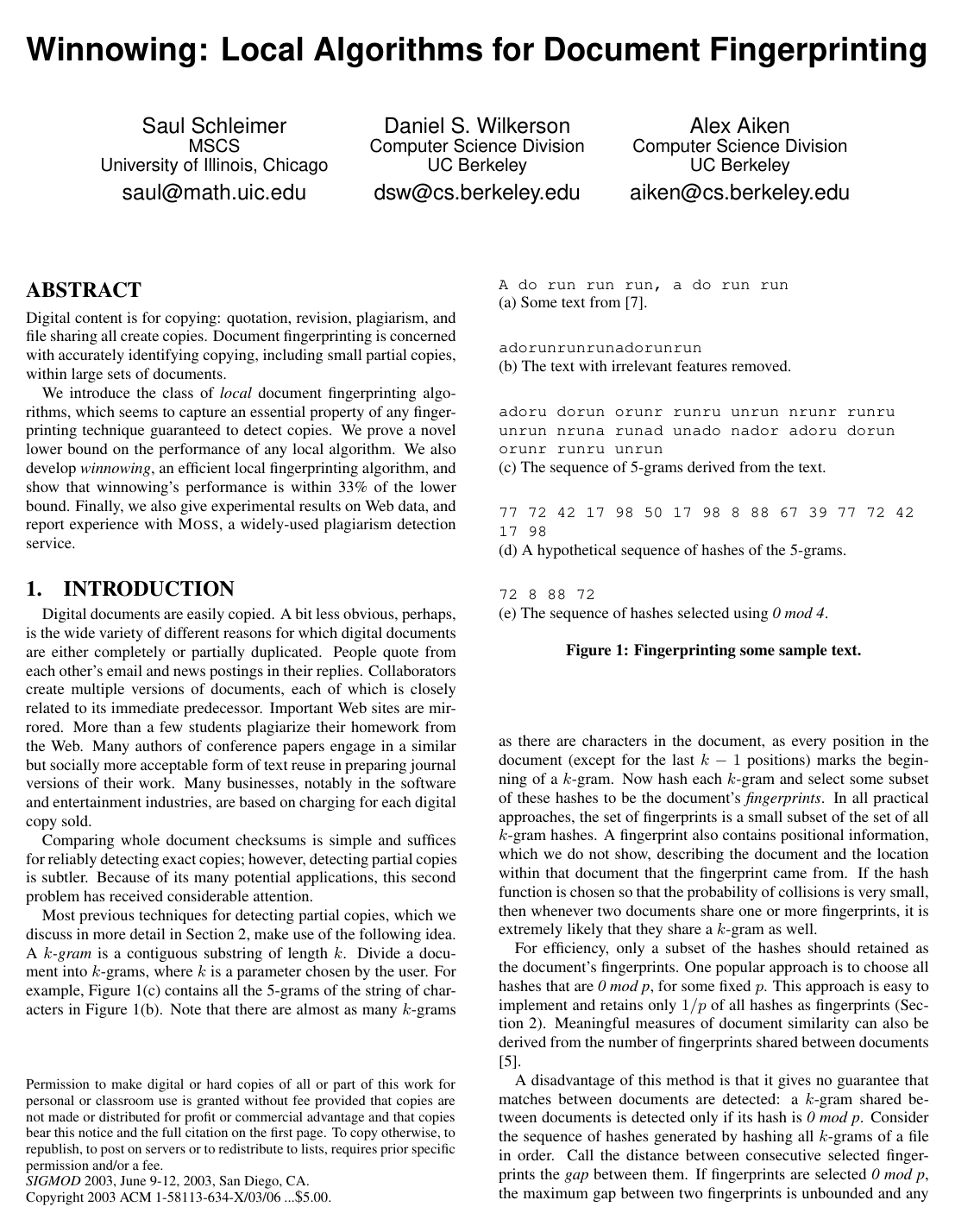 Cover for Winnowing: local algorithms for document fingerprinting