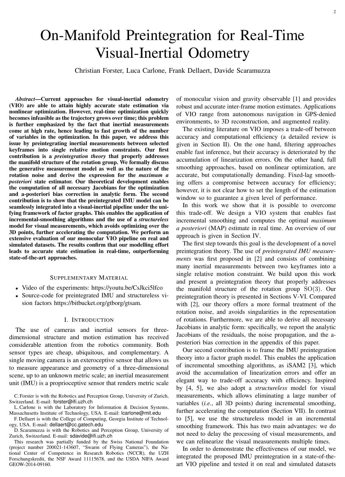 Cover for On-Manifold Preintegration for Real-Time Visual--Inertial Odometry