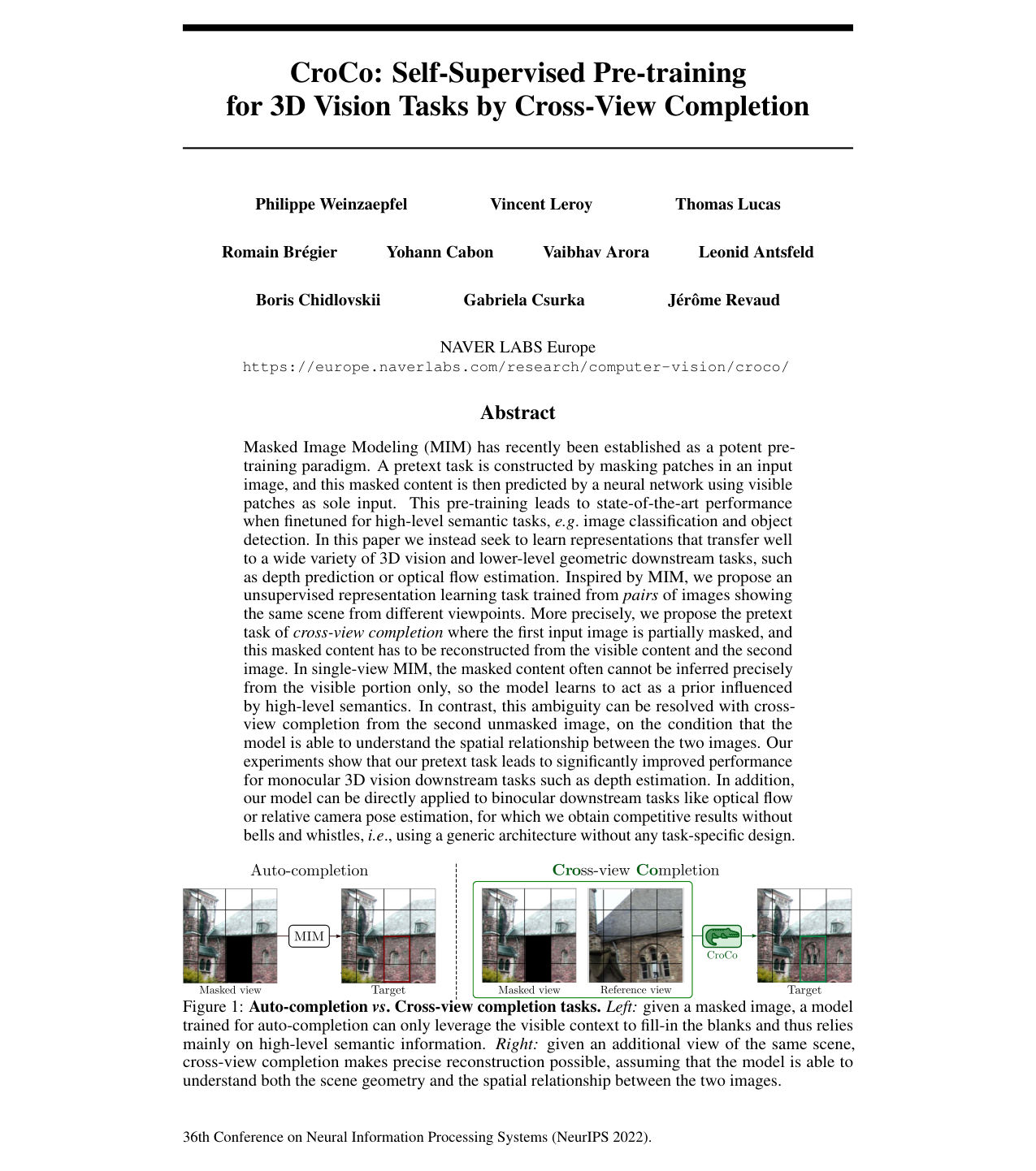 Cover for CroCo: Self-Supervised Pre-training for 3D Vision Tasks by Cross-View Completion