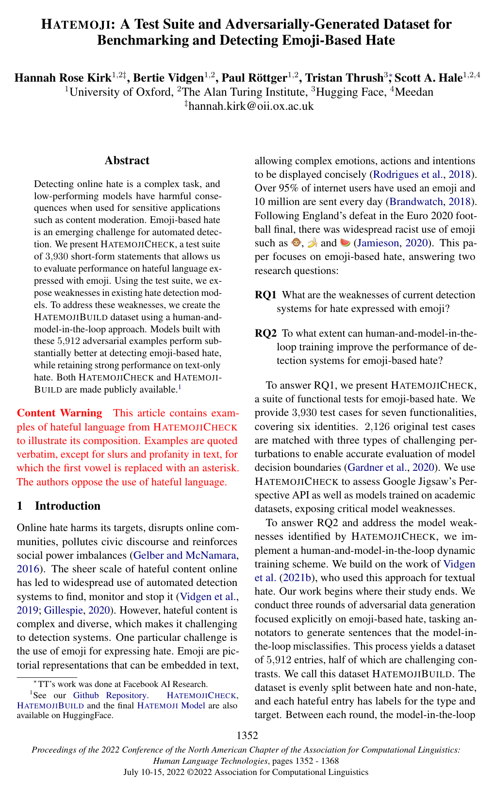 Hatemoji: A Test Suite and Adversarially-Generated Dataset for Benchmarking and Detecting Emoji-Based Hate