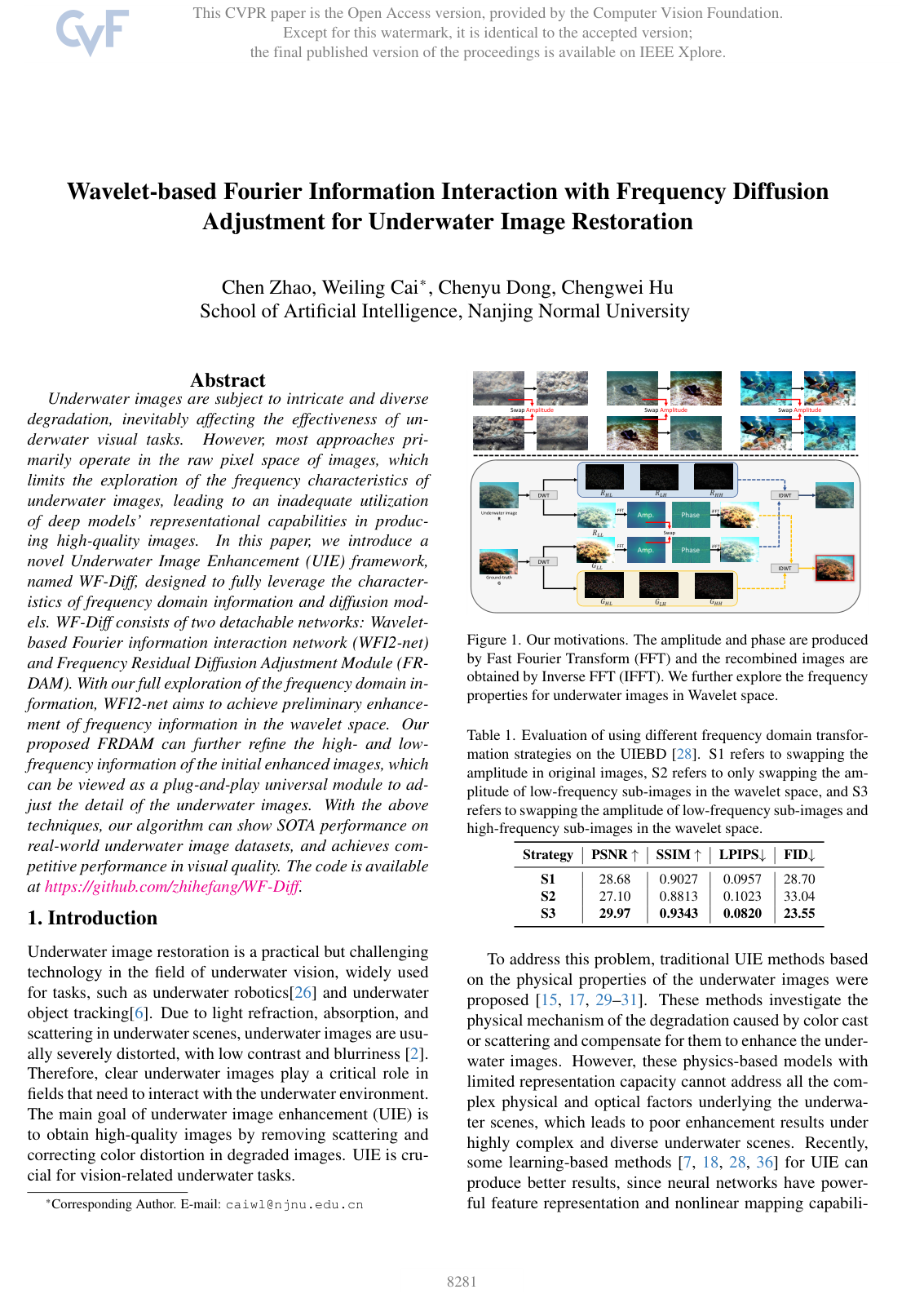 Wavelet-based Fourier Information Interaction with Frequency Diffusion Adjustment for Underwater Image Restoration