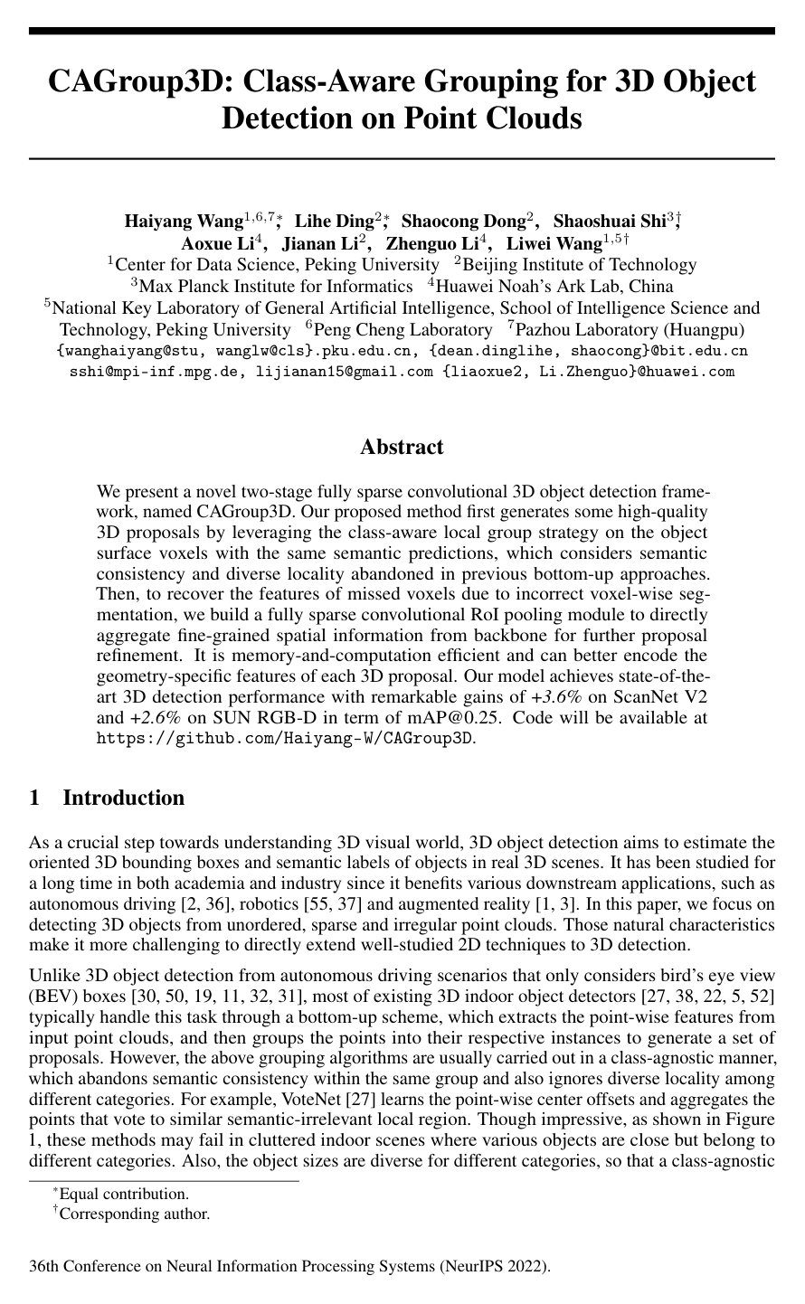 CAGroup3D: Class-Aware Grouping for 3D Object Detection on Point Clouds
