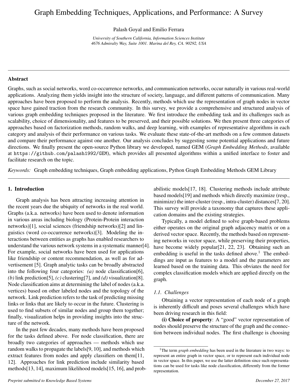 Cover for Graph Embedding Techniques, Applications, and Performance: A Survey