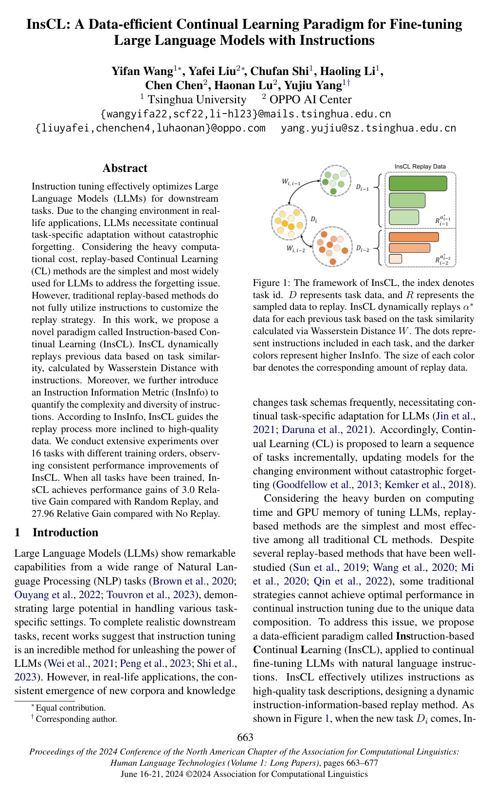 InsCL: A Data-efficient Continual Learning Paradigm for Fine-tuning Large Language Models with Instructions
