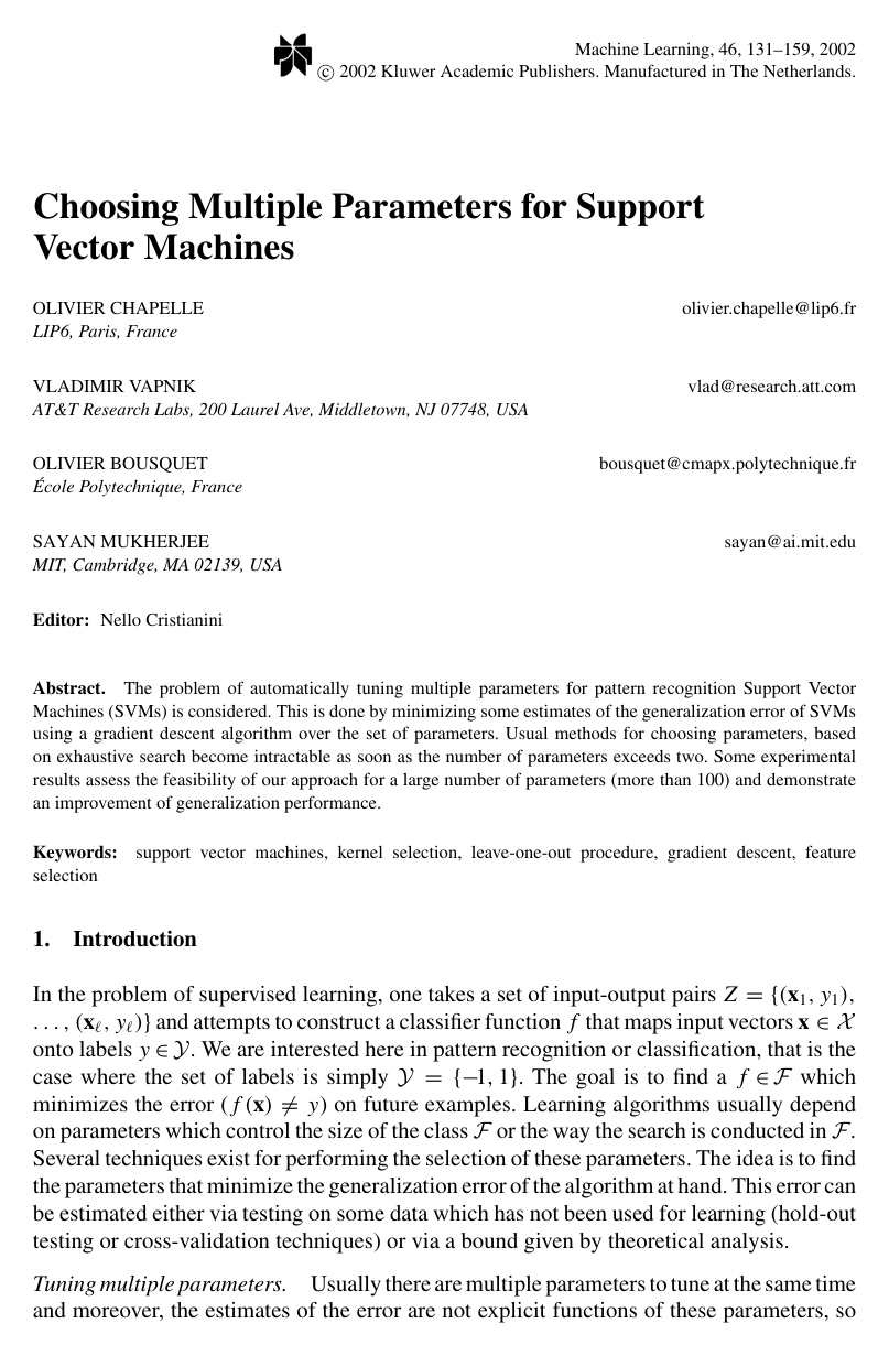 Cover for Choosing Multiple Parameters for Support Vector Machines