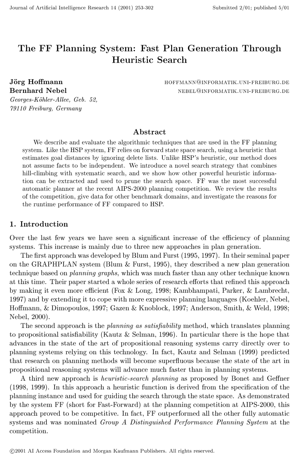 Cover for The FF Planning System: Fast Plan Generation Through Heuristic Search