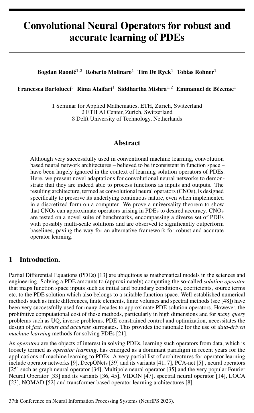 Cover for Convolutional Neural Operators for robust and accurate learning of PDEs