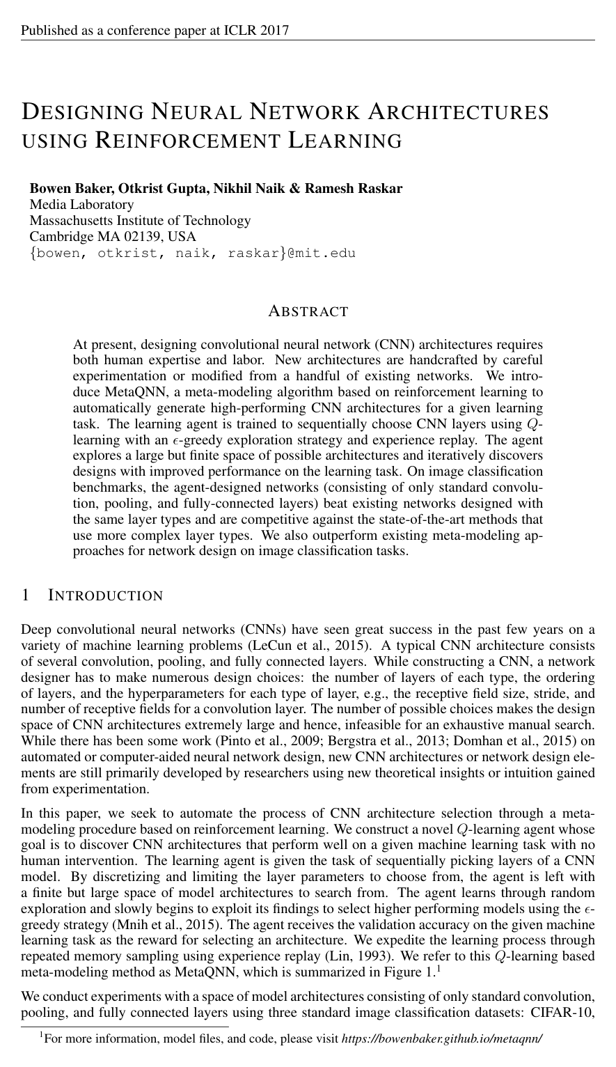 Cover for Designing Neural Network Architectures using Reinforcement Learning