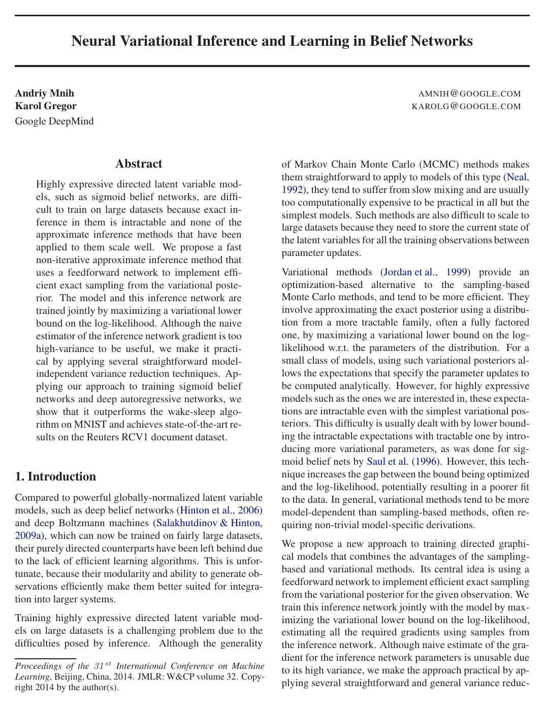 Neural Variational Inference and Learning in Belief Networks