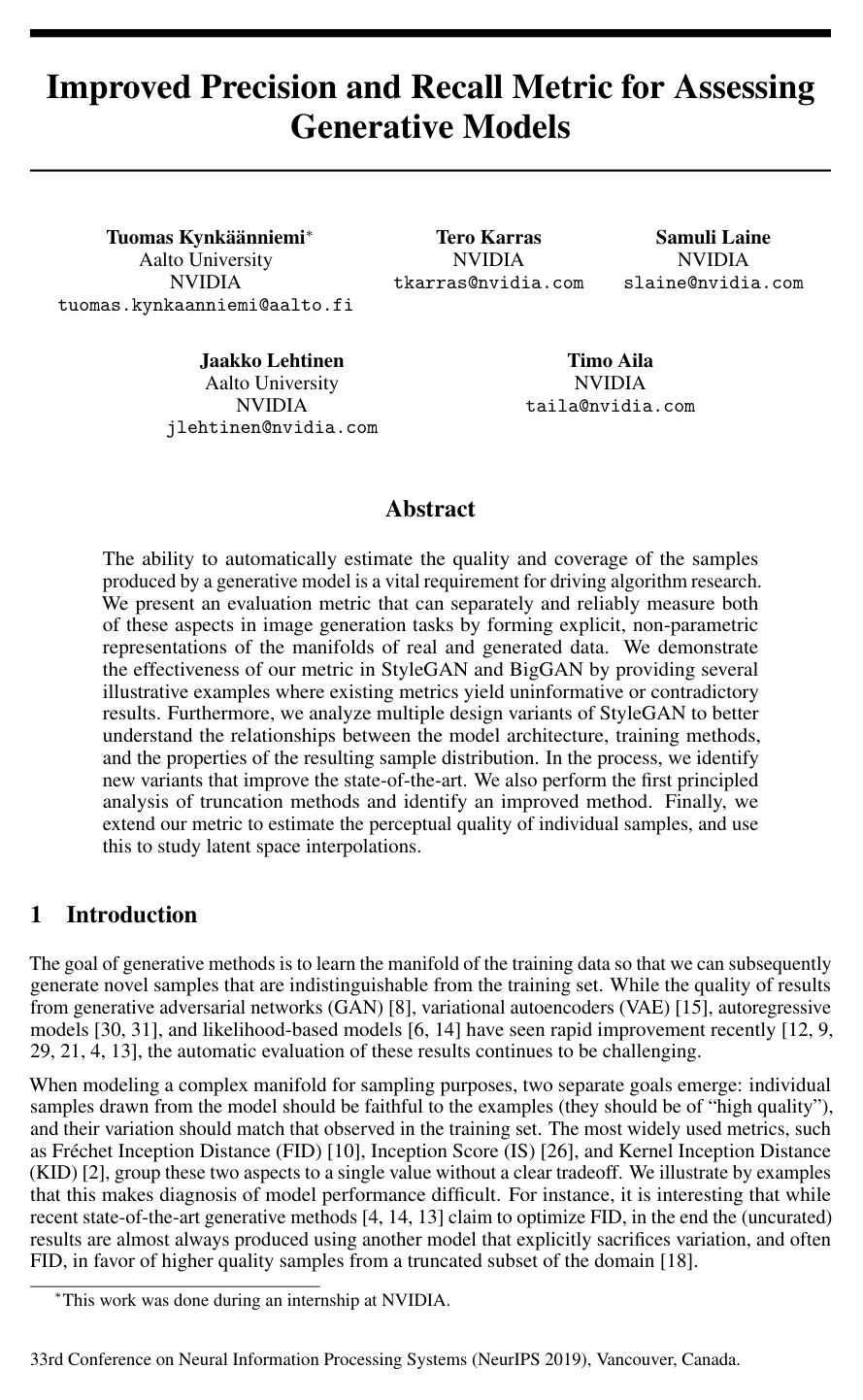 Cover for Improved Precision and Recall Metric for Assessing Generative Models