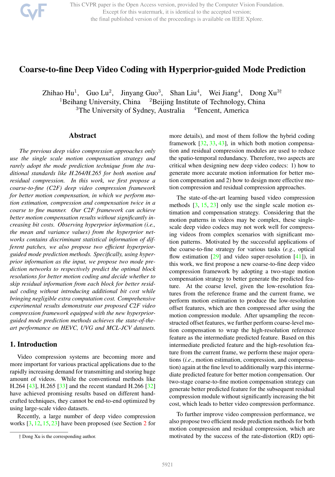 Coarse-To-Fine Deep Video Coding with Hyperprior-Guided Mode Prediction