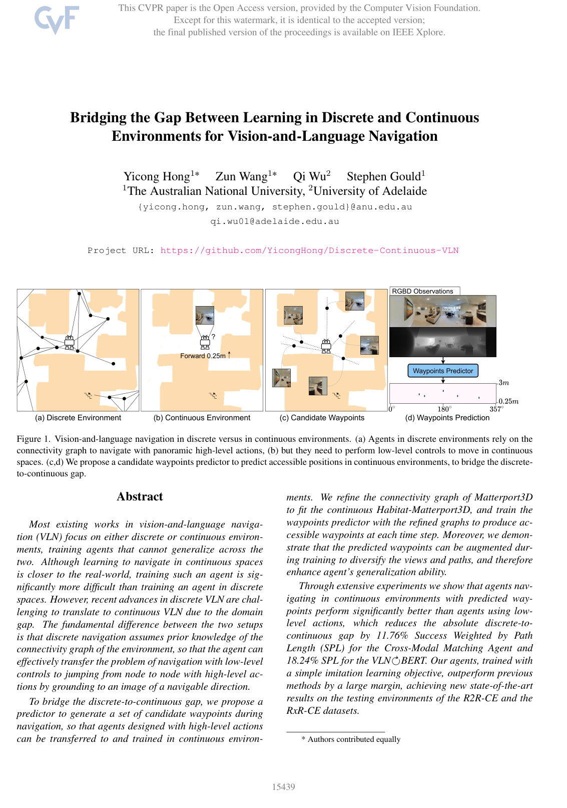 Cover for Bridging the Gap Between Learning in Discrete and Continuous Environments for Vision-and-Language Navigation