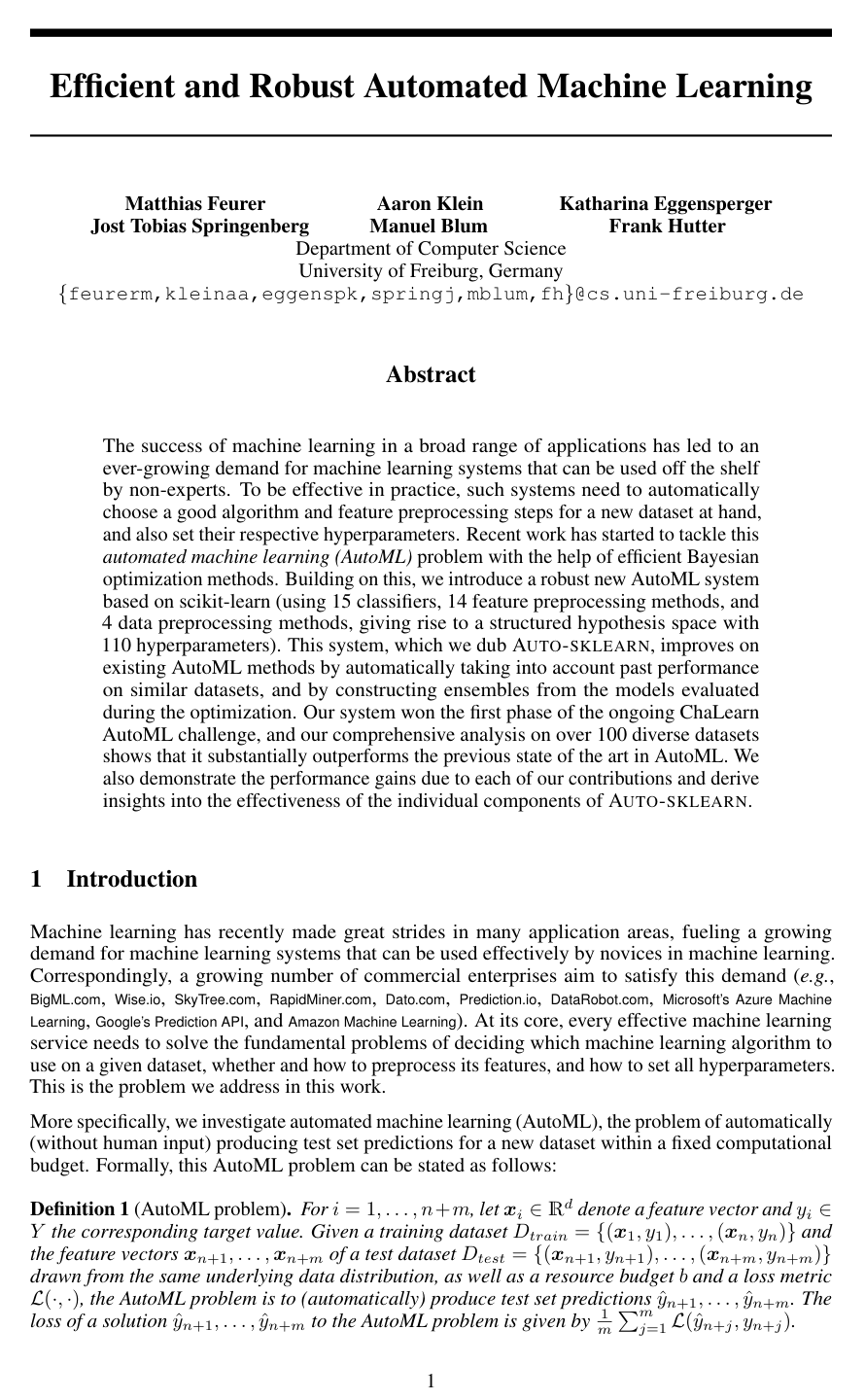 Cover for Efficient and Robust Automated Machine Learning