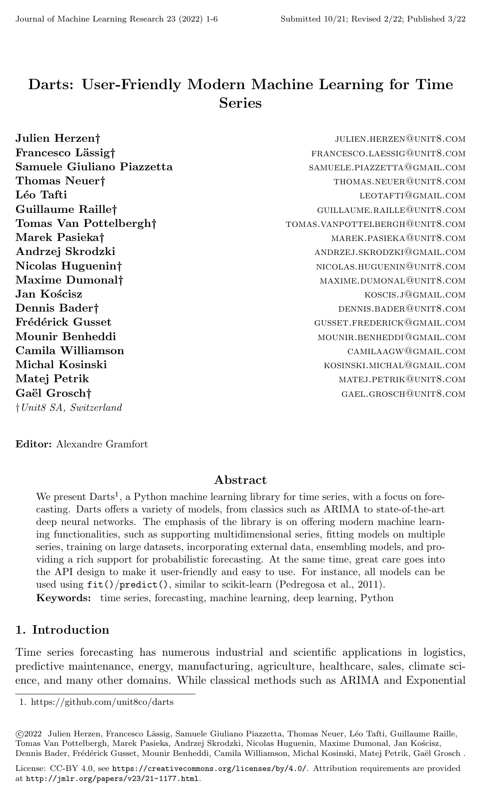Darts: User-Friendly Modern Machine Learning for Time Series