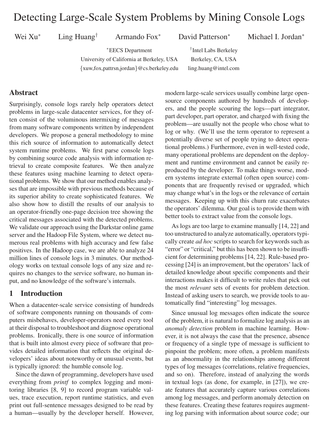 Cover for Detecting large-scale system problems by mining console logs