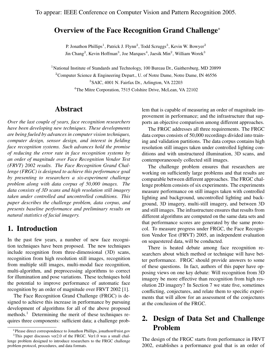 Cover for Overview of the face recognition grand challenge