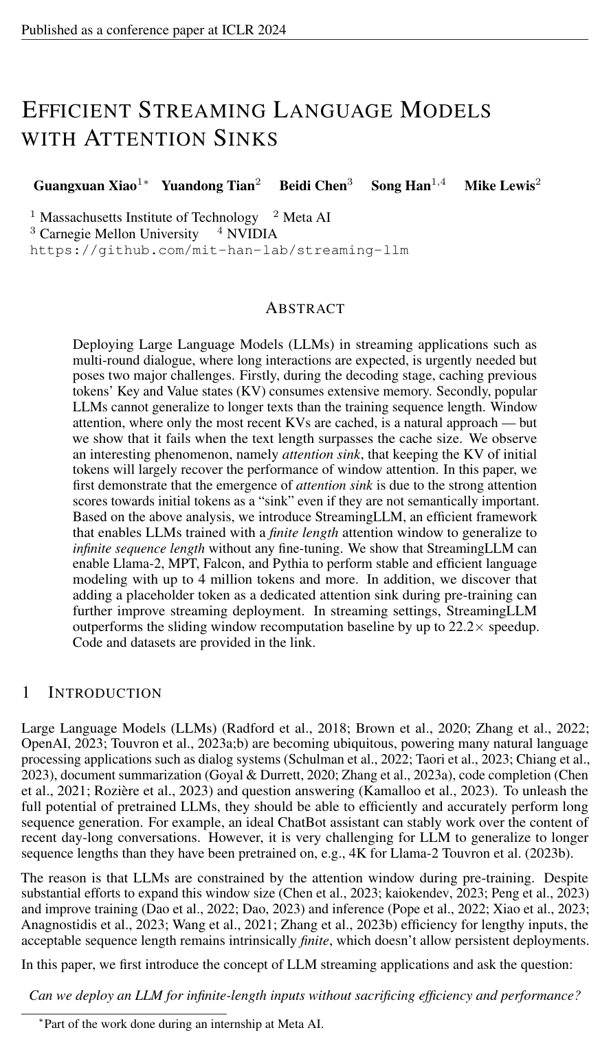 Cover for Efficient Streaming Language Models with Attention Sinks