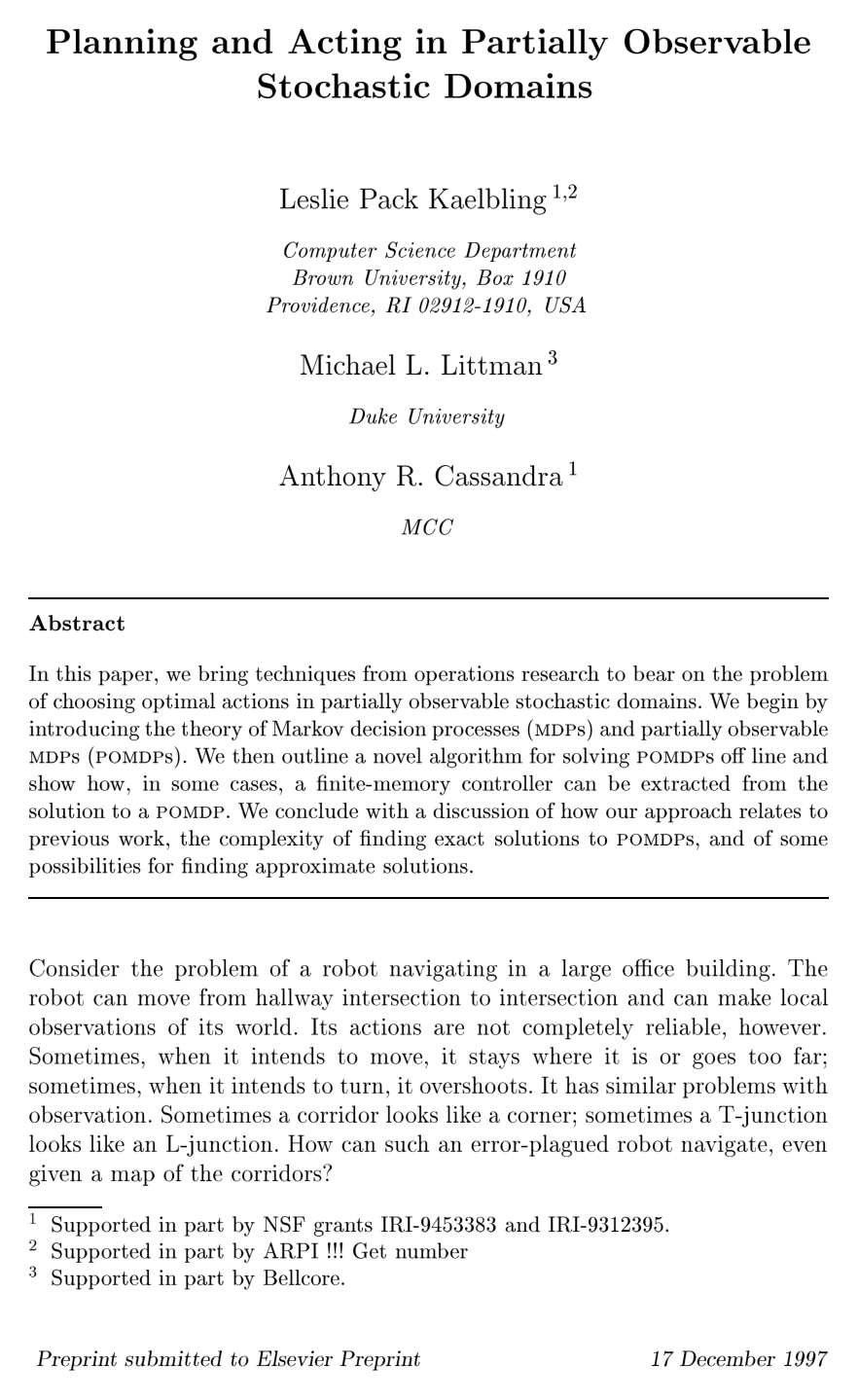 Planning and acting in partially observable stochastic domains