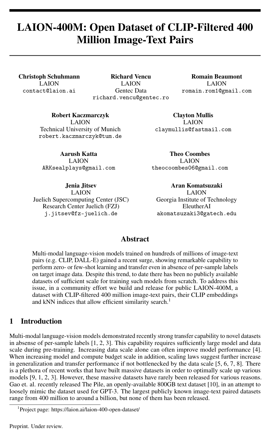 LAION-400M: Open Dataset of CLIP-Filtered 400 Million Image-Text Pairs