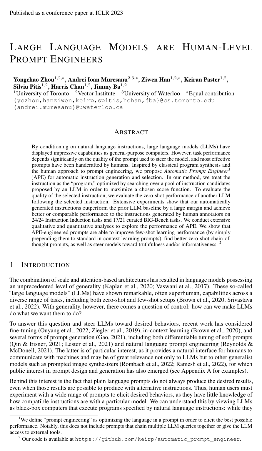 Large Language Models Are Human-Level Prompt Engineers