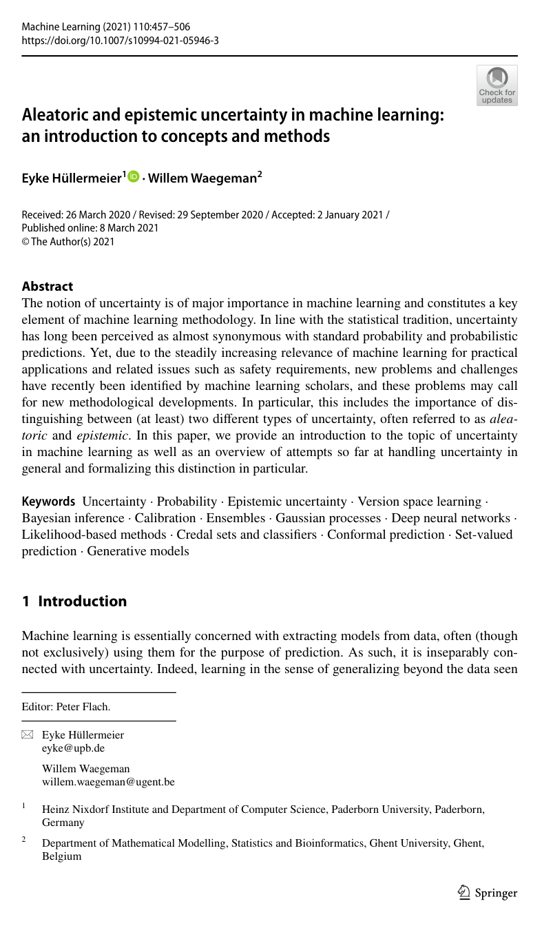 Cover for Aleatoric and epistemic uncertainty in machine learning: an introduction to concepts and methods