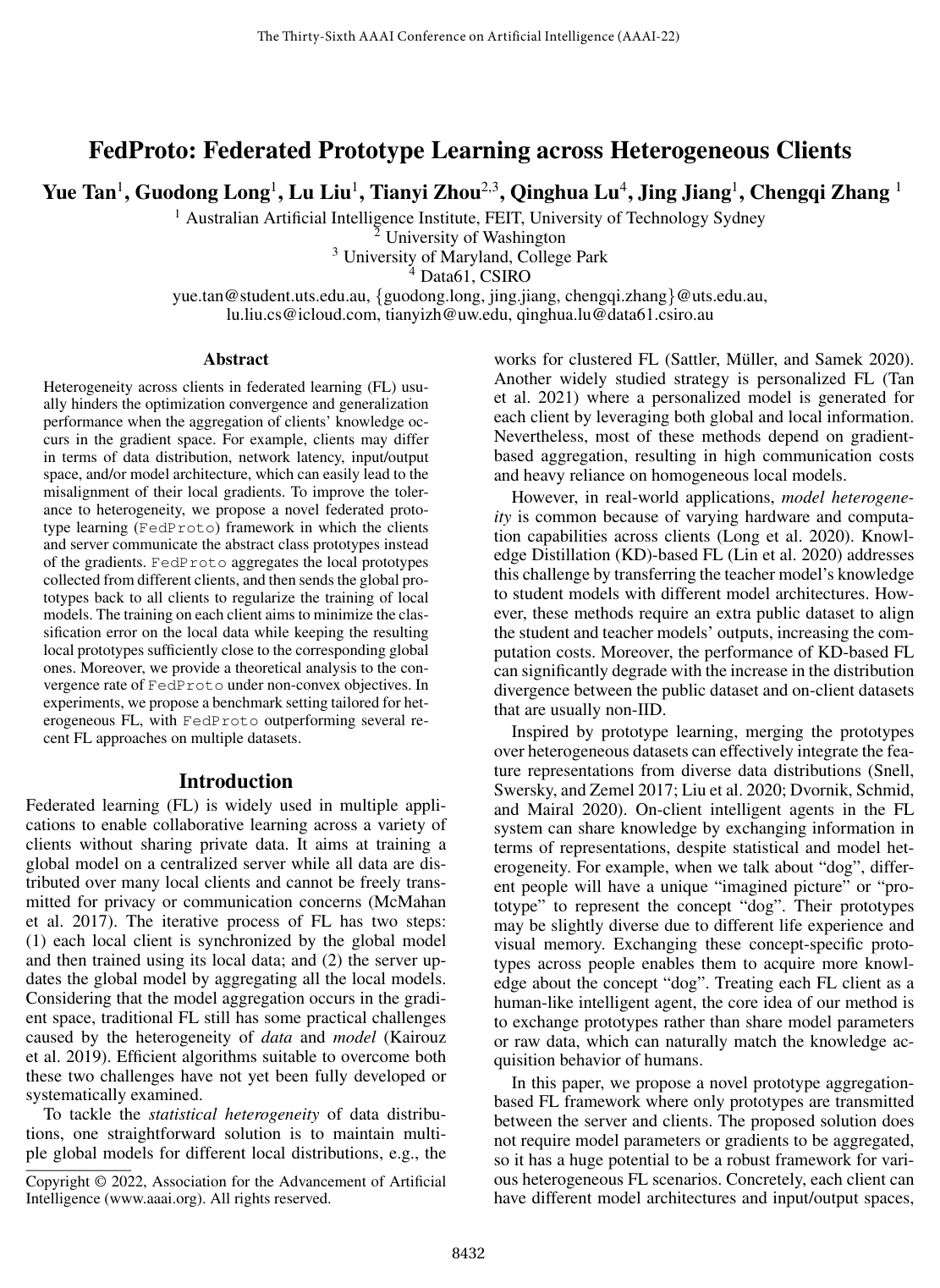 FedProto: Federated Prototype Learning across Heterogeneous Clients