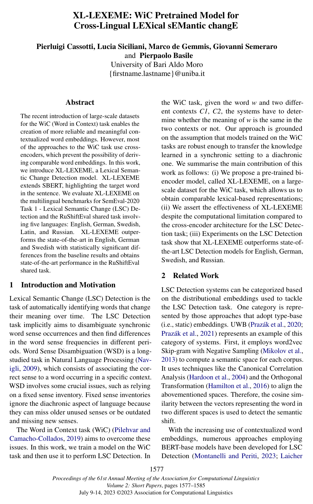 XL-LEXEME: WiC Pretrained Model for Cross-Lingual LEXical sEMantic changE