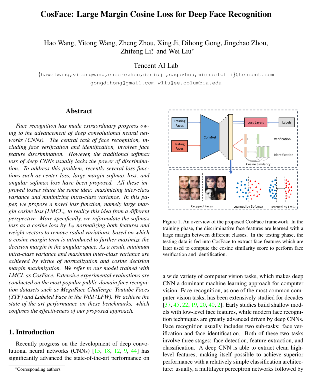 CosFace: Large Margin Cosine Loss for Deep Face Recognition