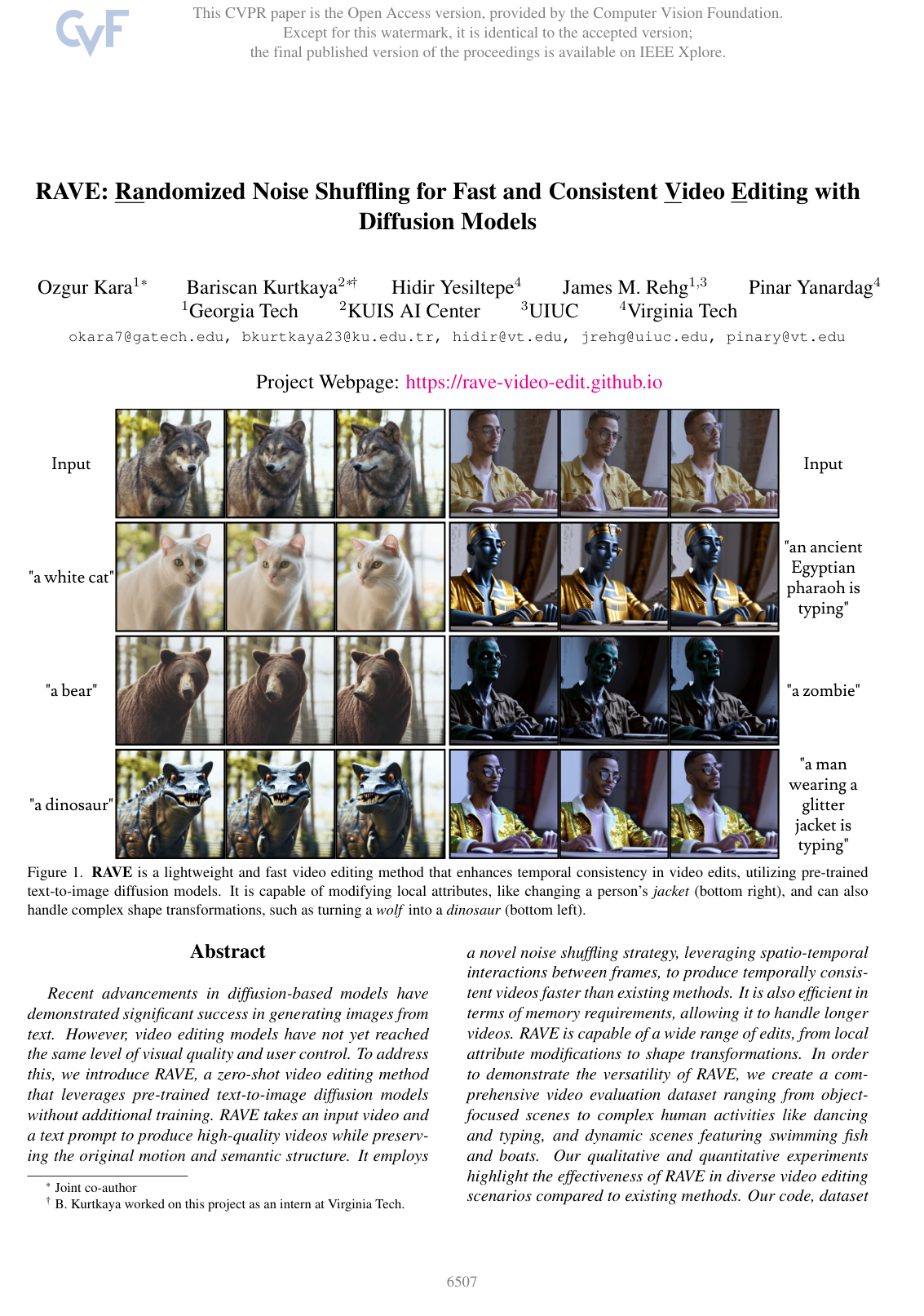 Cover for RAVE: Randomized Noise Shuffling for Fast and Consistent Video Editing with Diffusion Models