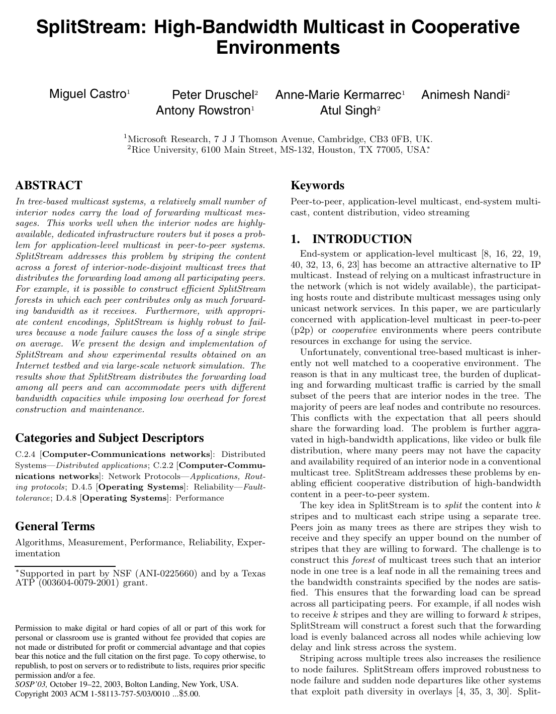 SplitStream: high-bandwidth multicast in cooperative environments