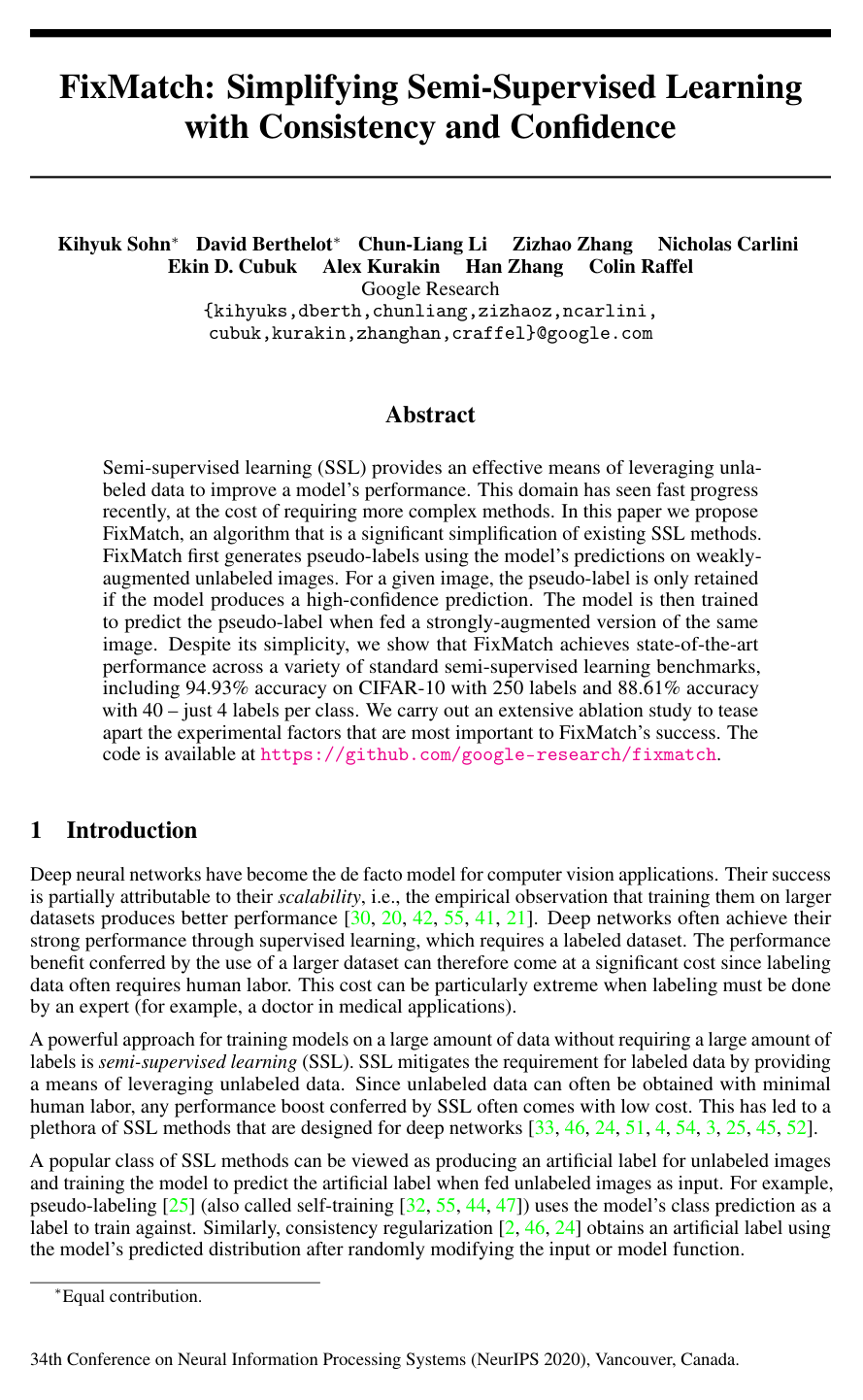 FixMatch: Simplifying Semi-Supervised Learning with Consistency and Confidence