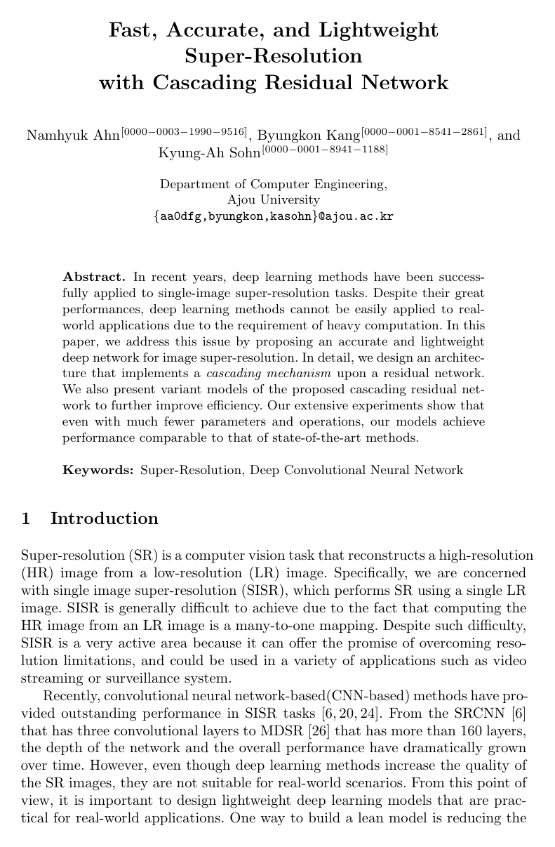 Fast, Accurate, and, Lightweight Super-Resolution with Cascading Residual Network