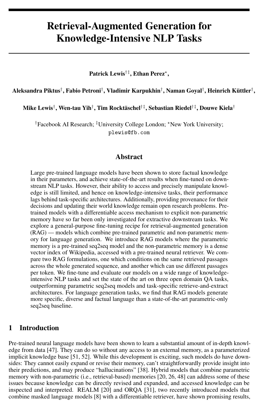 Retrieval-Augmented Generation for Knowledge-Intensive NLP Tasks