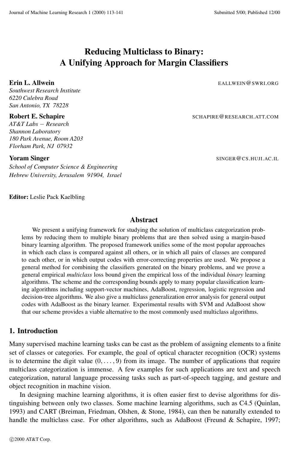 Cover for Reducing Multiclass to Binary: A Unifying Approach for Margin Classifiers