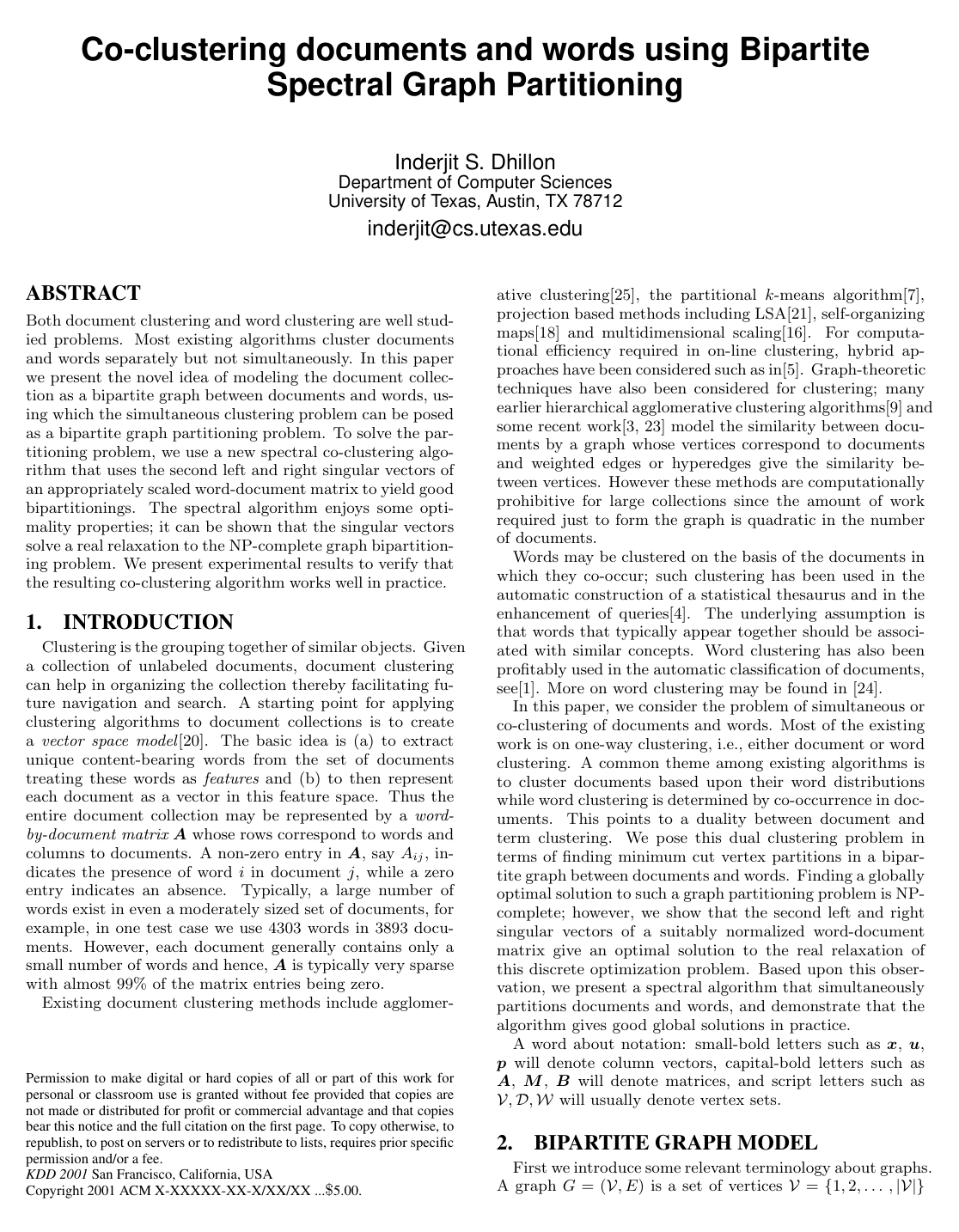 Cover for Co-clustering documents and words using bipartite spectral graph partitioning