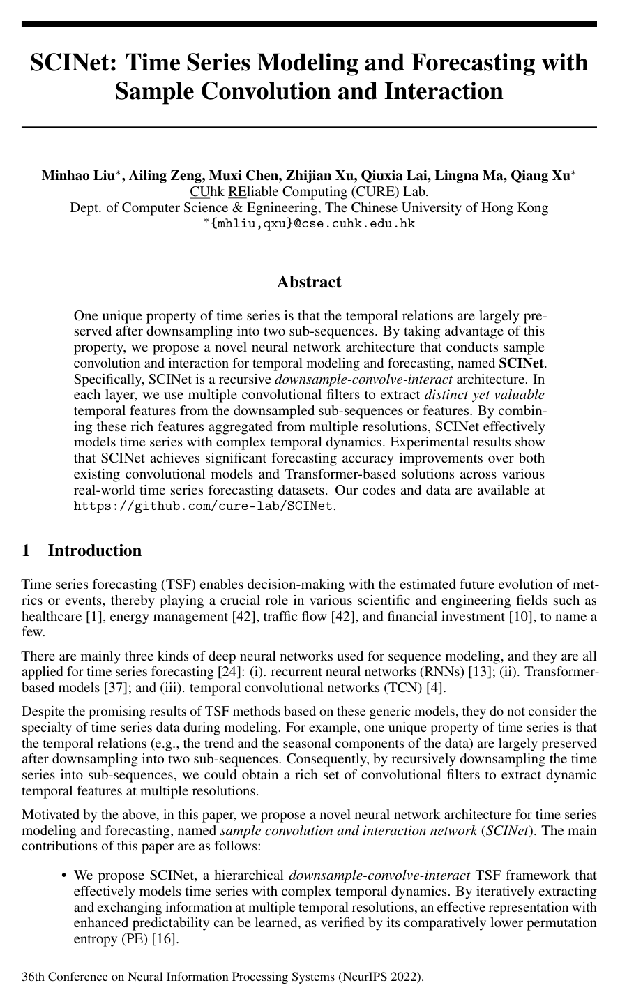 SCINet: Time Series Modeling and Forecasting with Sample Convolution and Interaction