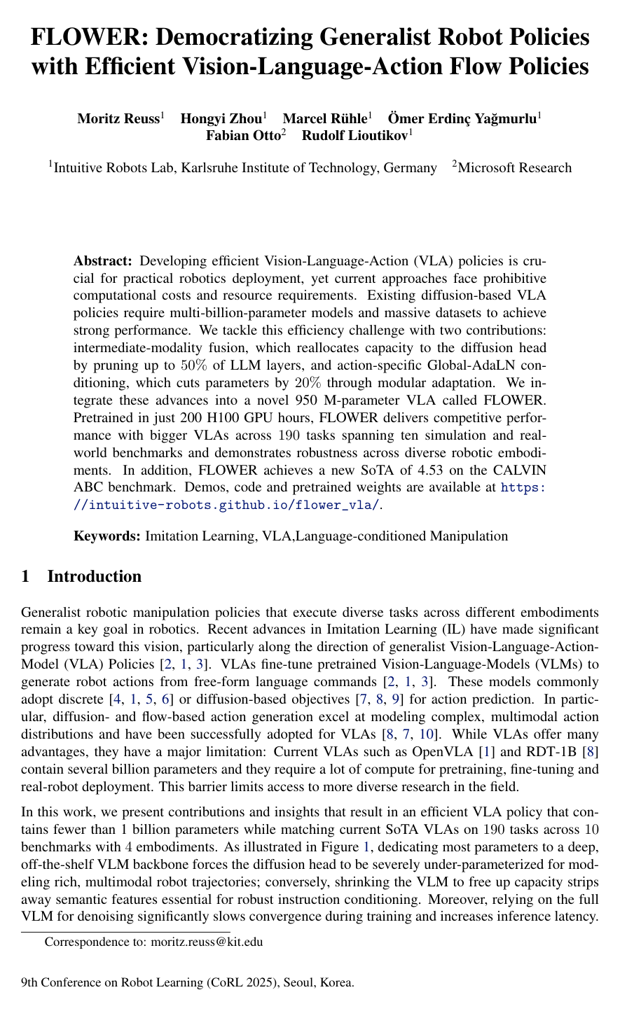 Cover for FLOWER: Democratizing Generalist Robot Policies with Efficient Vision-Language-Action Flow Policies
