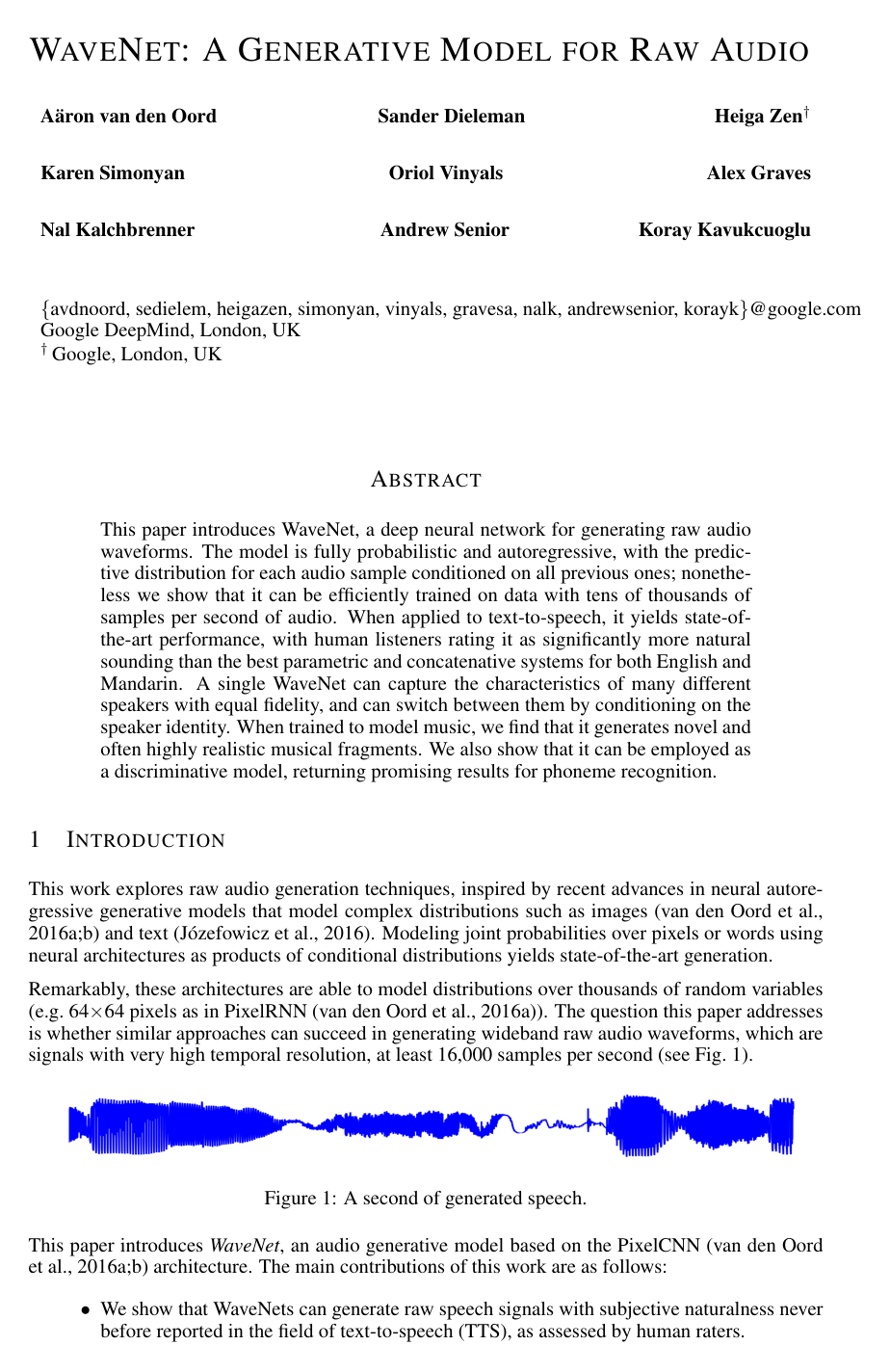 WaveNet: A Generative Model for Raw Audio