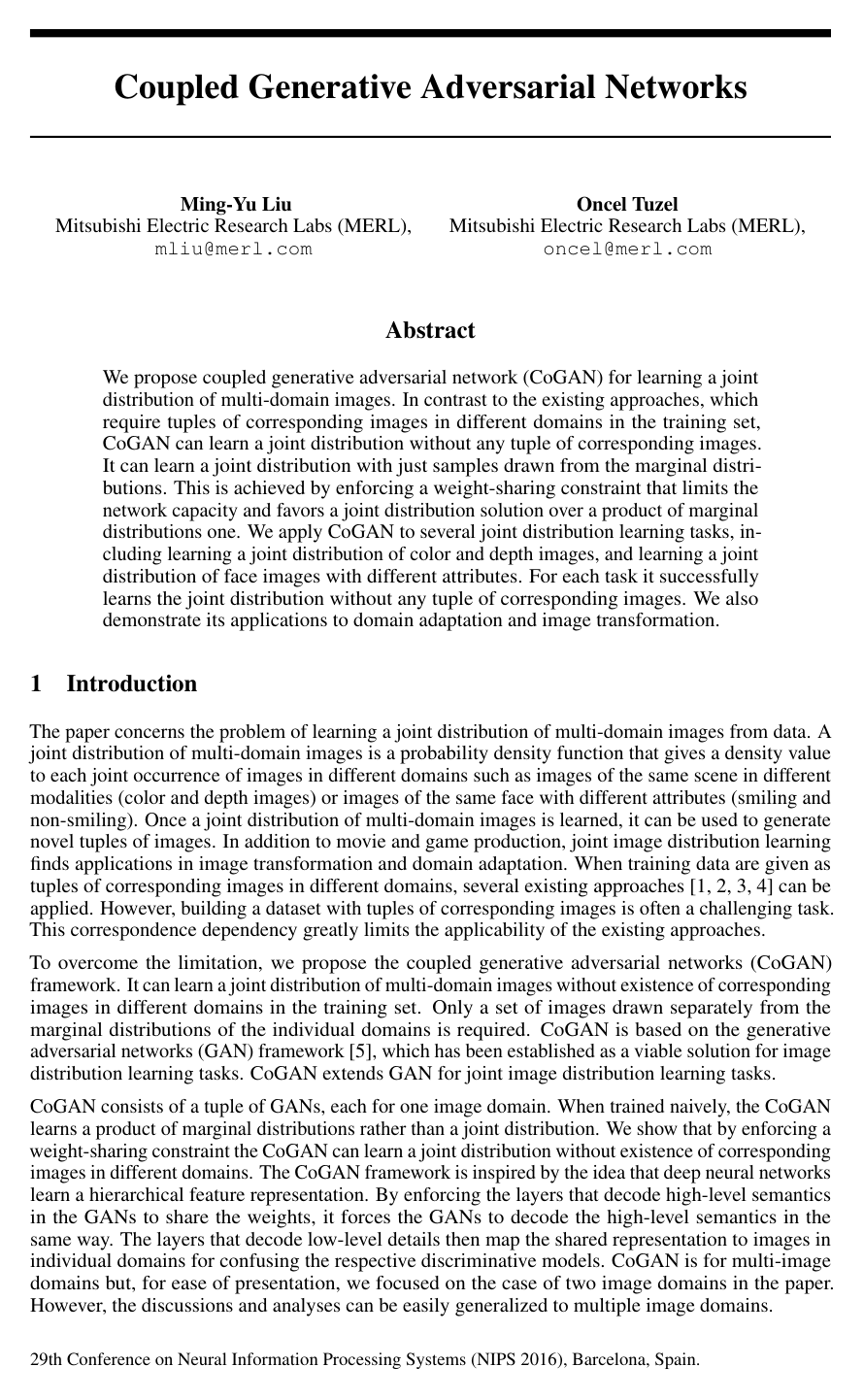 Coupled Generative Adversarial Networks