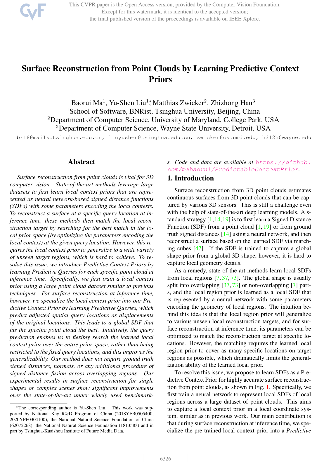 Cover for Surface Reconstruction from Point Clouds by Learning Predictive Context Priors