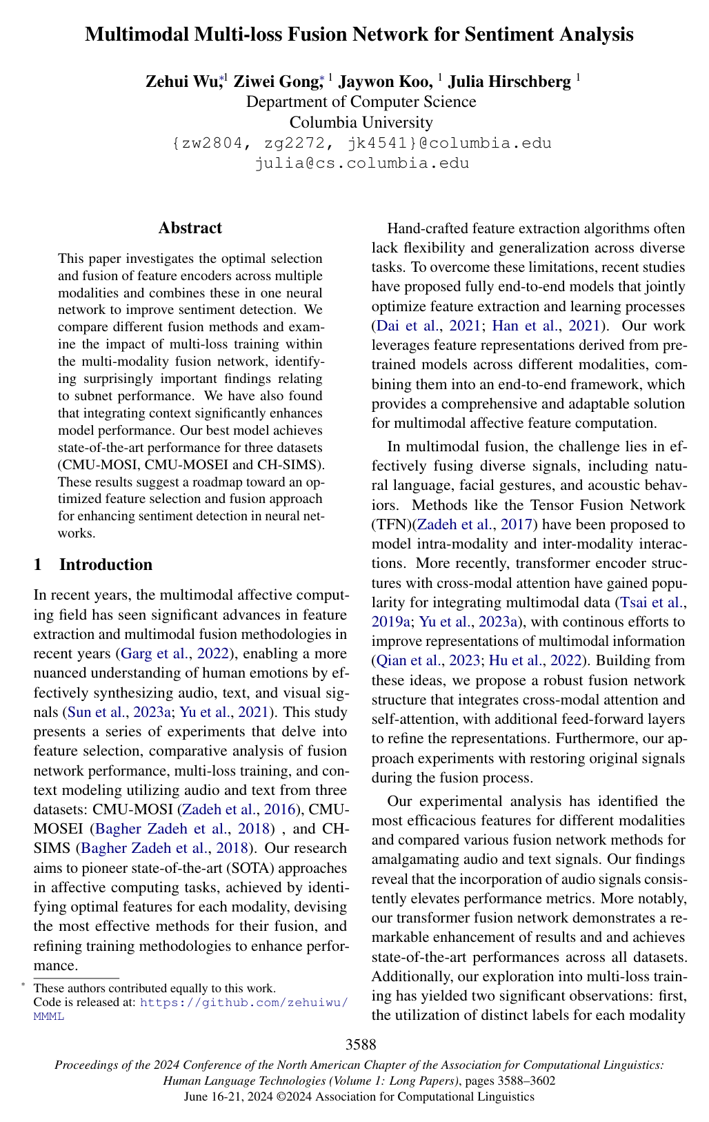 Multimodal Multi-loss Fusion Network for Sentiment Analysis