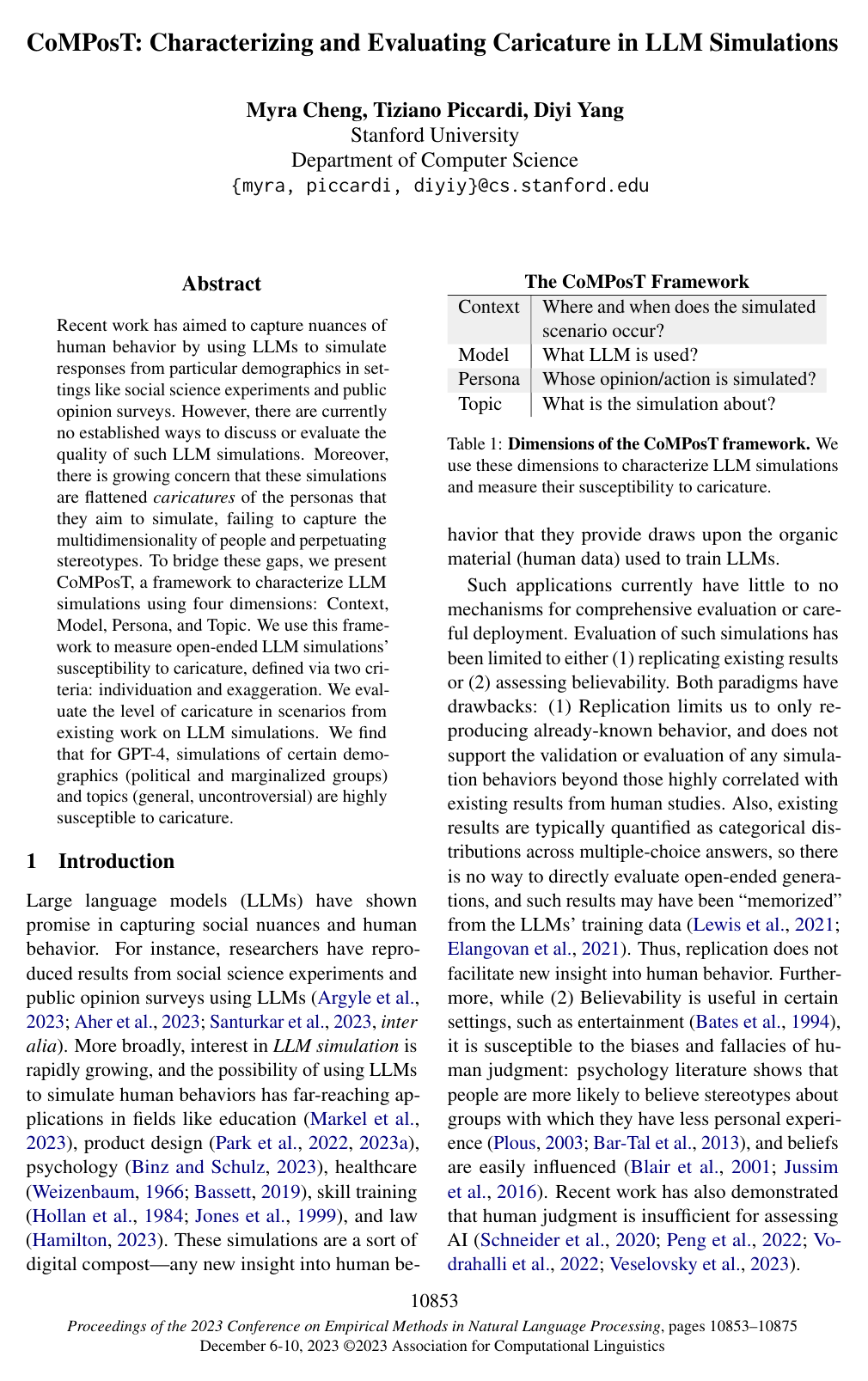 CoMPosT: Characterizing and Evaluating Caricature in LLM Simulations