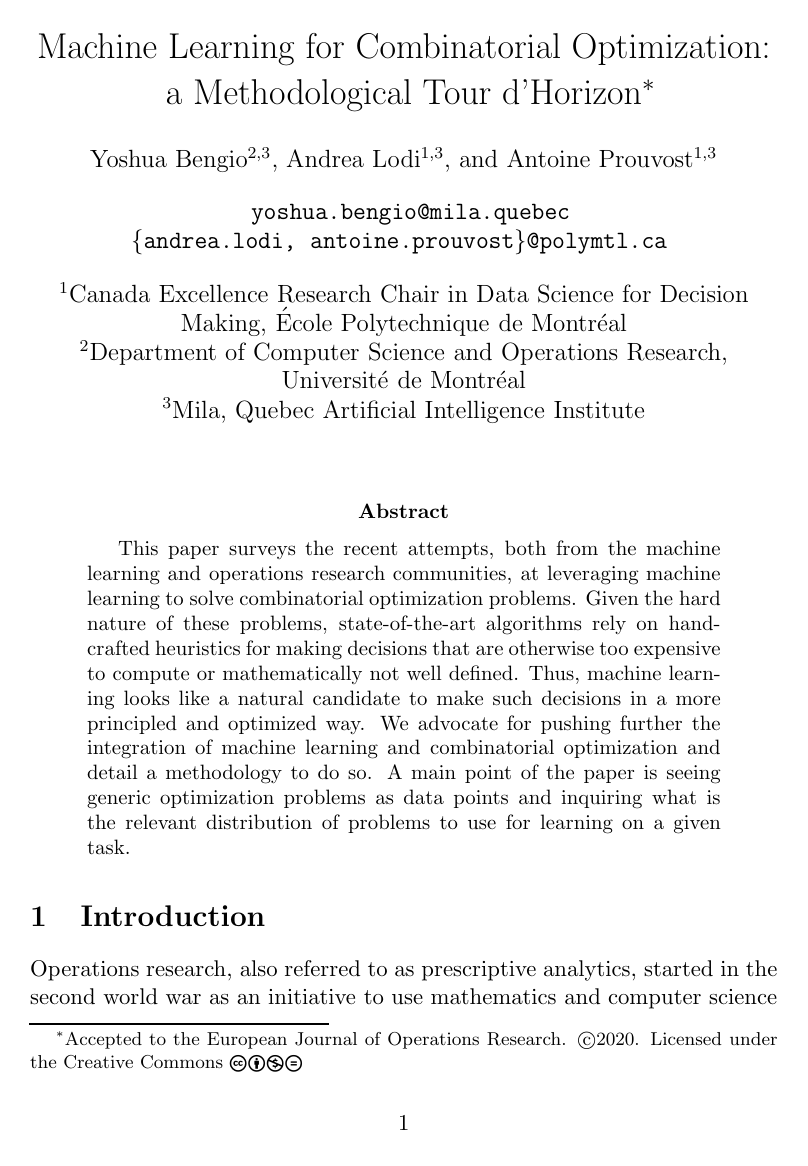 Machine Learning for Combinatorial Optimization: a Methodological Tour d'Horizon