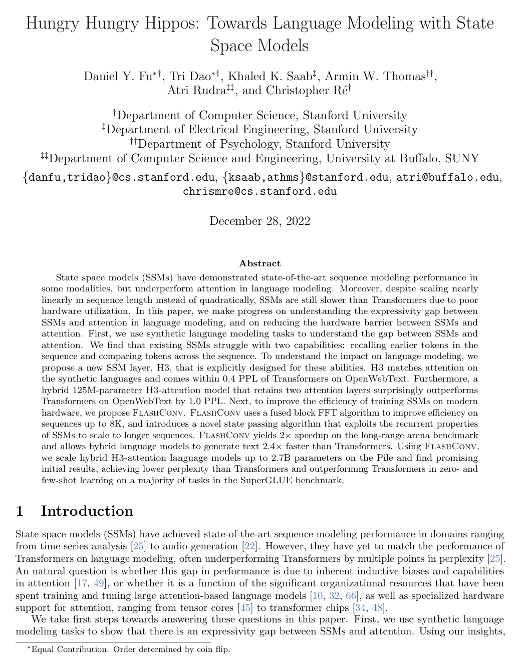 Hungry Hungry Hippos: Towards Language Modeling with State Space Models