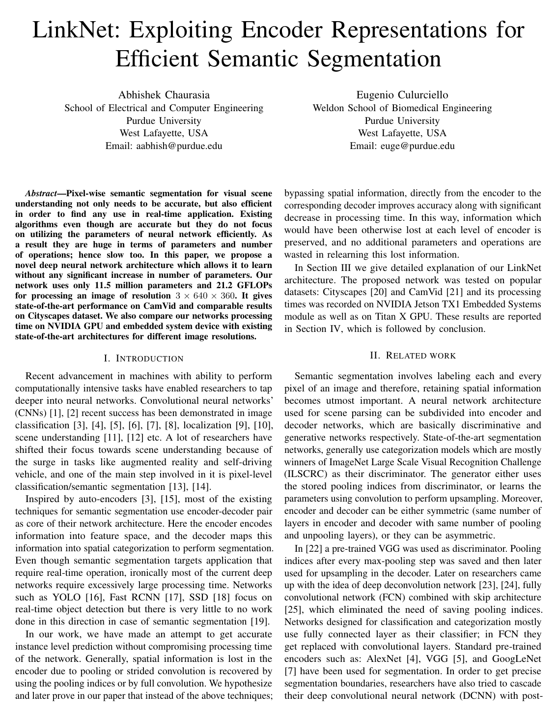 Cover for LinkNet: Exploiting encoder representations for efficient semantic segmentation
