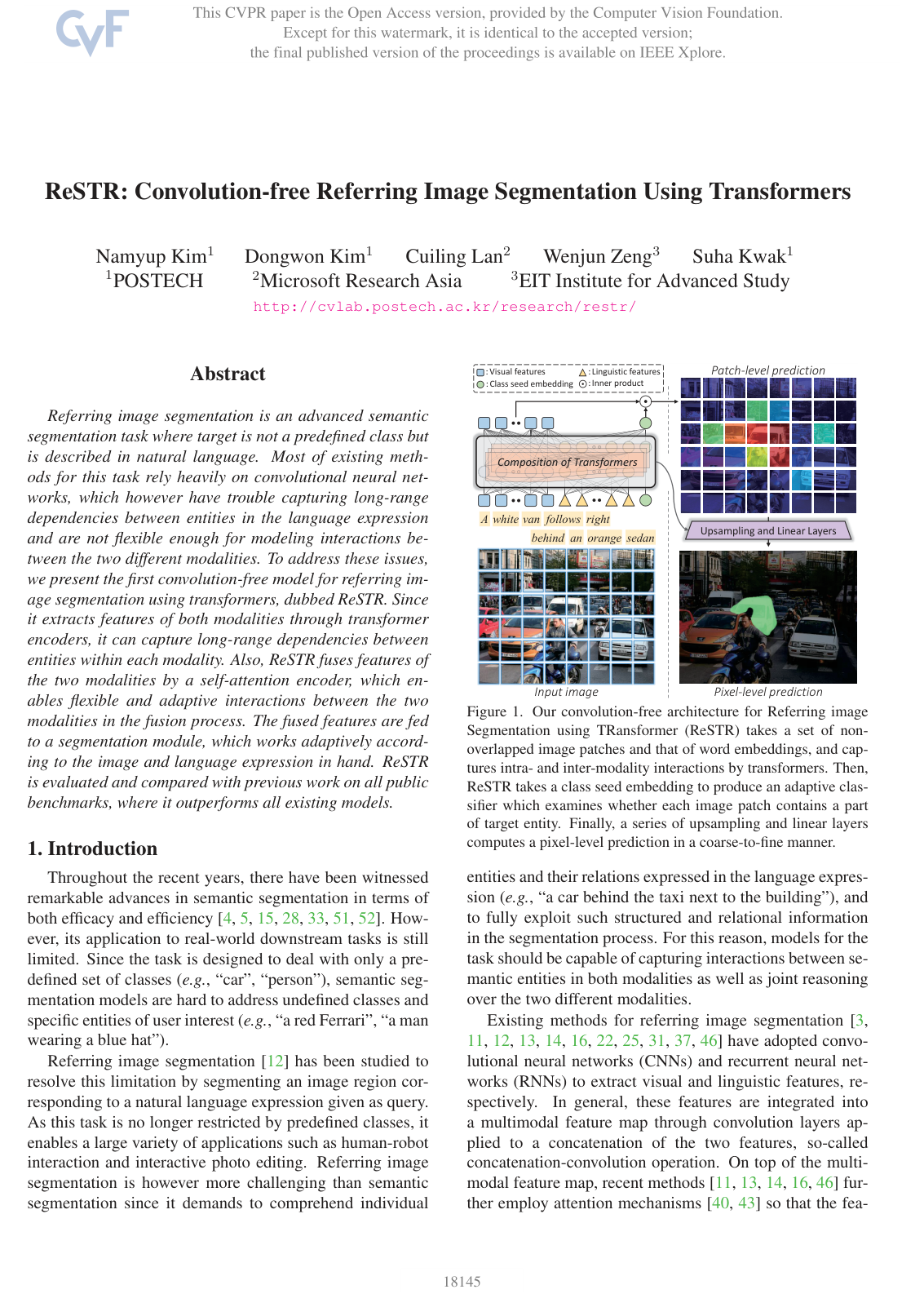 ReSTR: Convolution-free Referring Image Segmentation Using Transformers